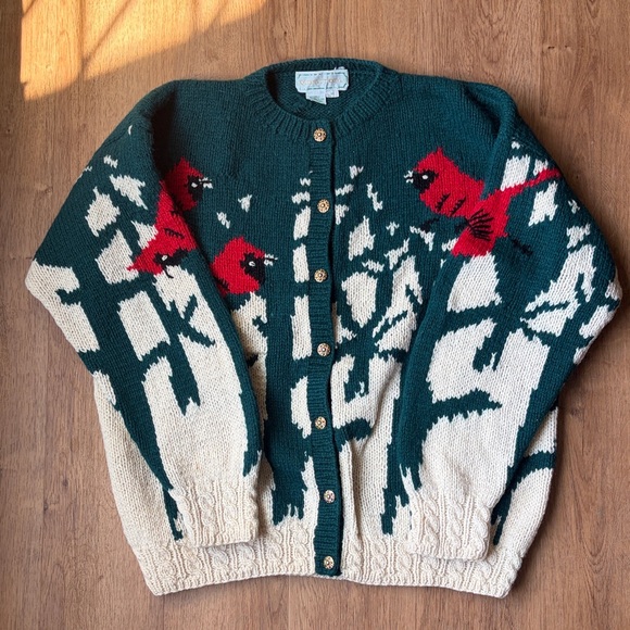 quissett cove Sweaters - Vintage Quissett Cove Cardinal Birds 100% Shetland WOOL Cardigan Sweater